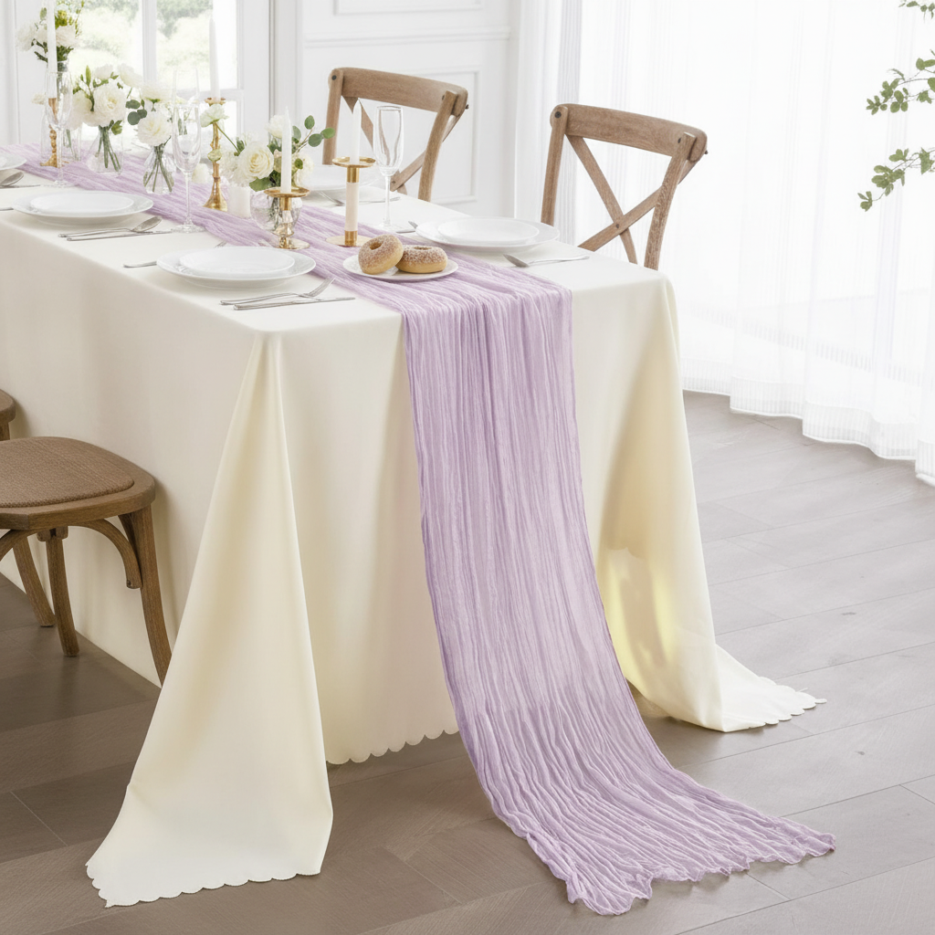 Lavender cheesecloth runner cascading down a wedding reception table like a waterfall