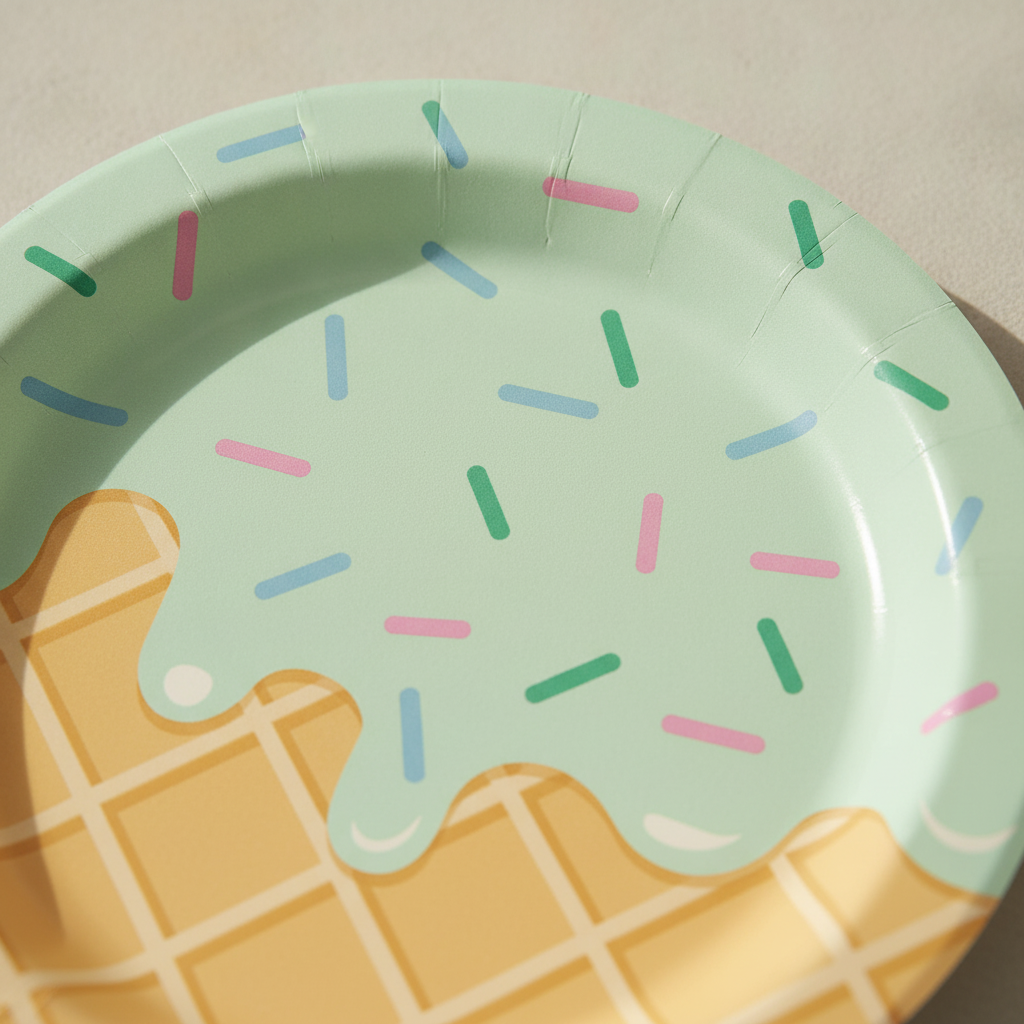 Close-up of waffle-cone and ice-cream scoop print on a matte paper party plate