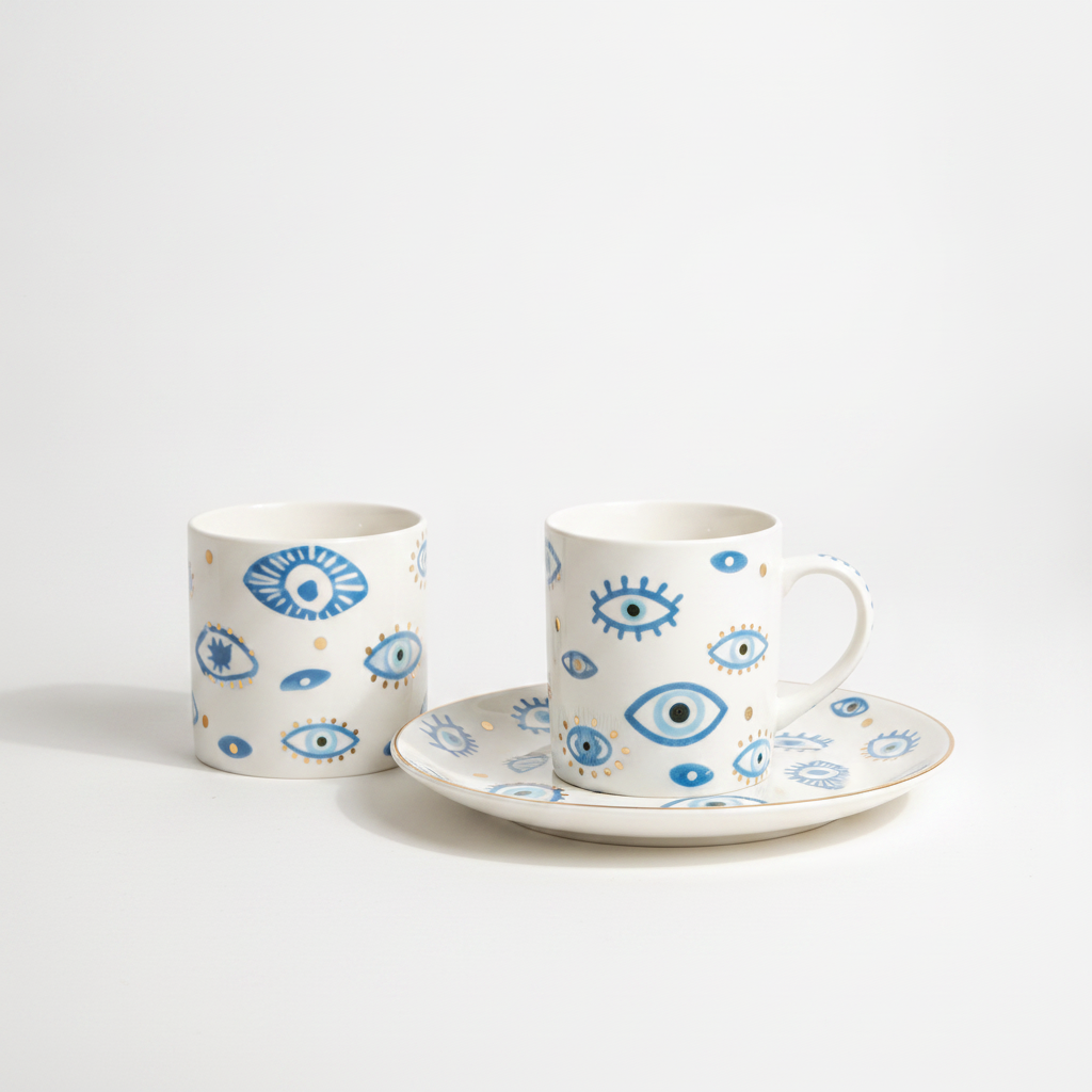 White porcelain mug and plate with blue eye motif on a clean white studio background
