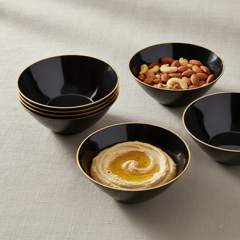 Black gold-rim plastic party bowls holding nuts and dips on a linen surface