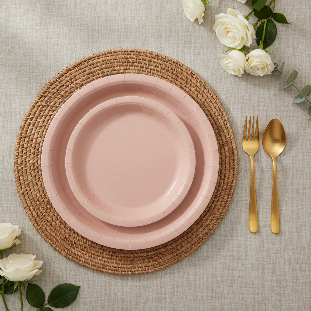 Dusty pink gradient disposable paper party plates — thin matte uncoated paper dinner and dessert plates on a woven rattan placemat with gold flatware and white roses