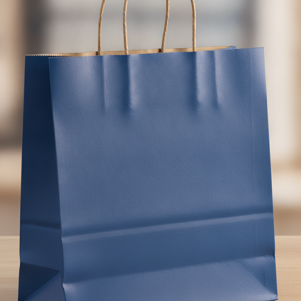 Close-up of royal blue kraft shopping bag texture and twisted paper handle