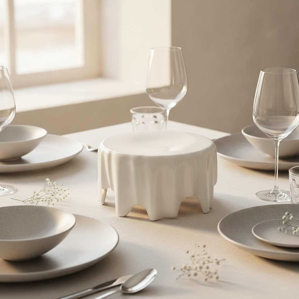 Cascata ceramic serving riser styled in a monochrome white tablescape
