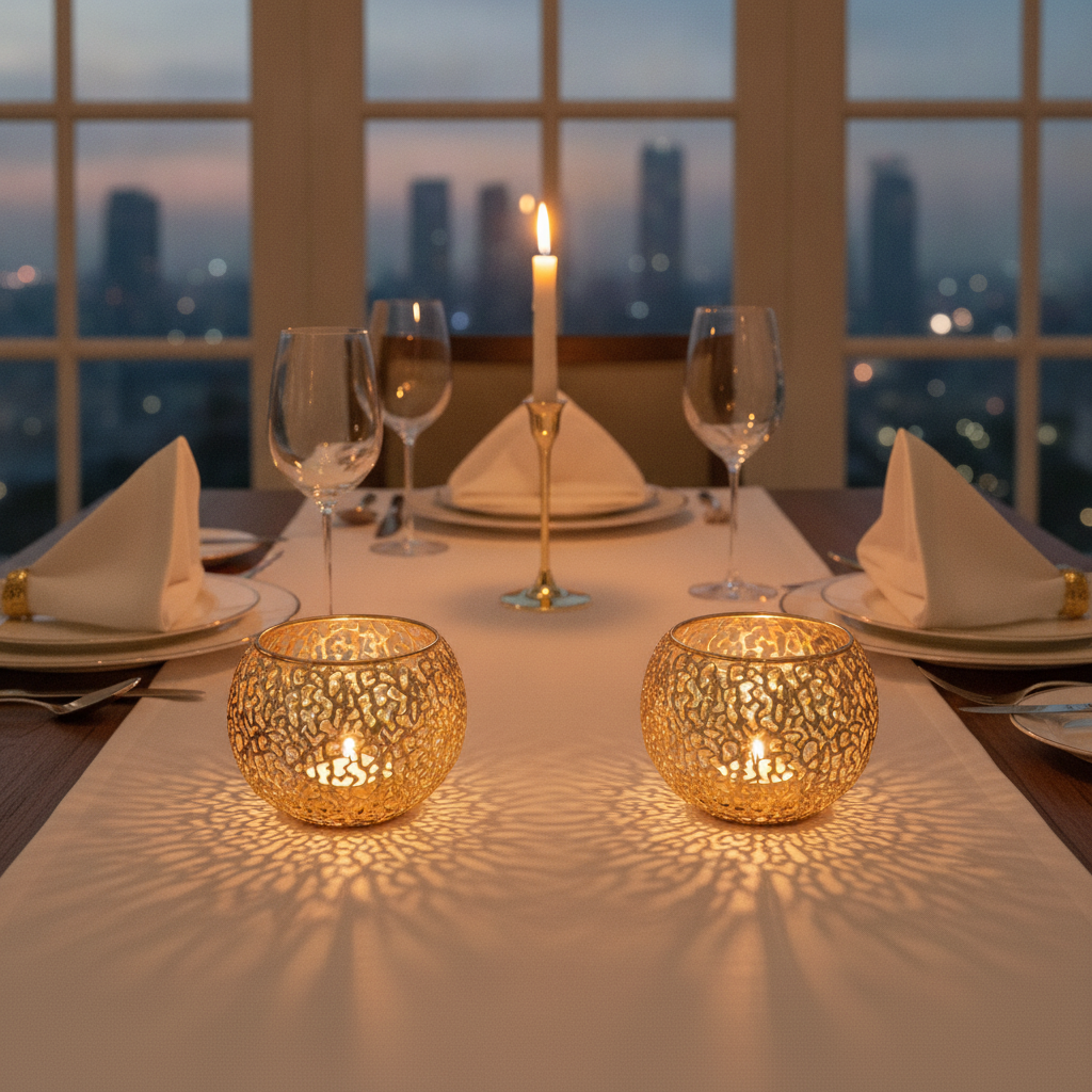Two gold orb candle holders casting warm light on a set dinner table