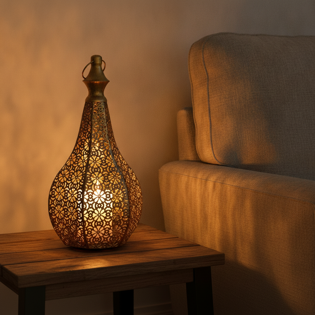Foratura lantern lit on a wooden side table in a cozy evening living room