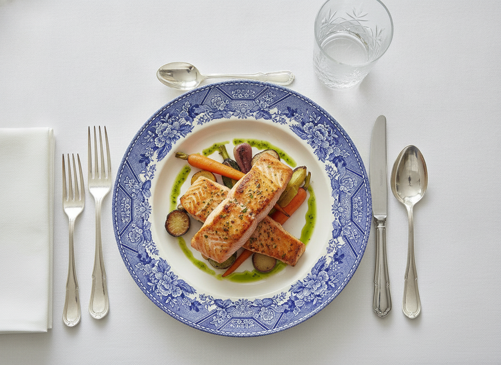 Blue and white transferware plate with a plated dinner and silver cutlery