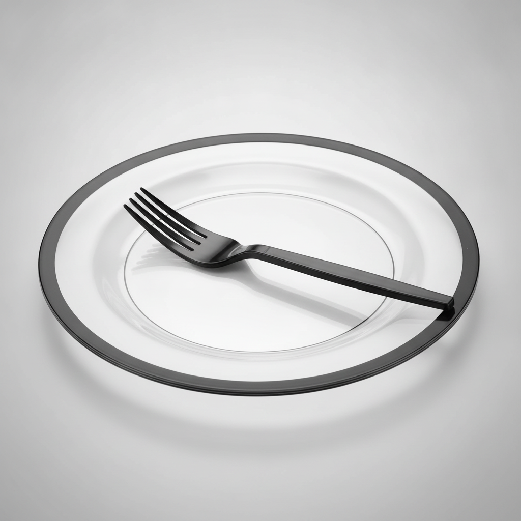Macro of a clear plastic plate with crisp black rim and a black plastic fork