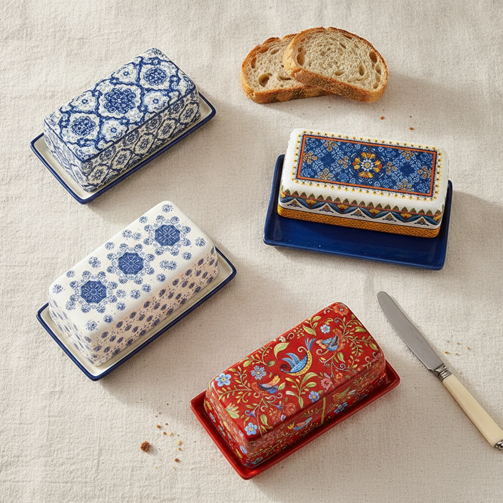 Collection of four hand-painted ceramic butter dishes in distinct artisan patterns