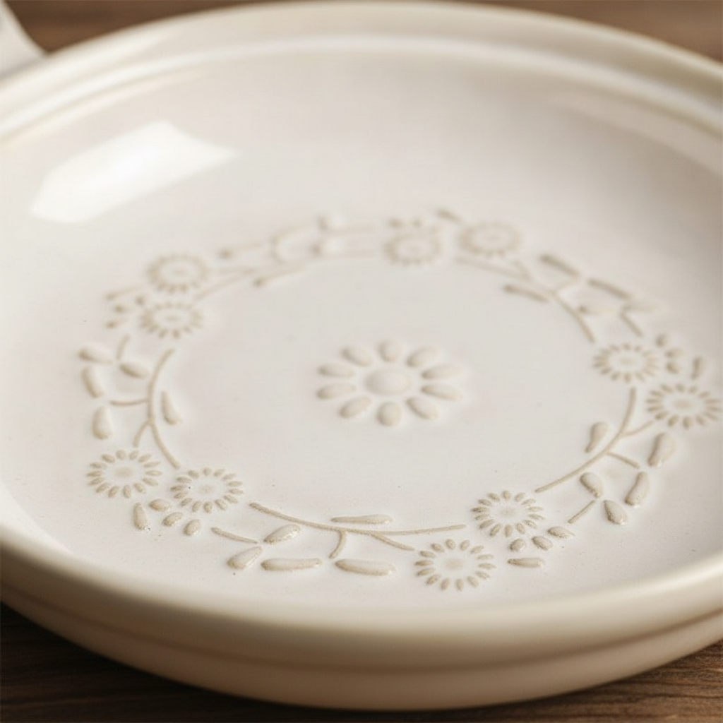 Macro of the raised daisy-and-leaf relief and matte cream glaze on the Ghirlanda dish