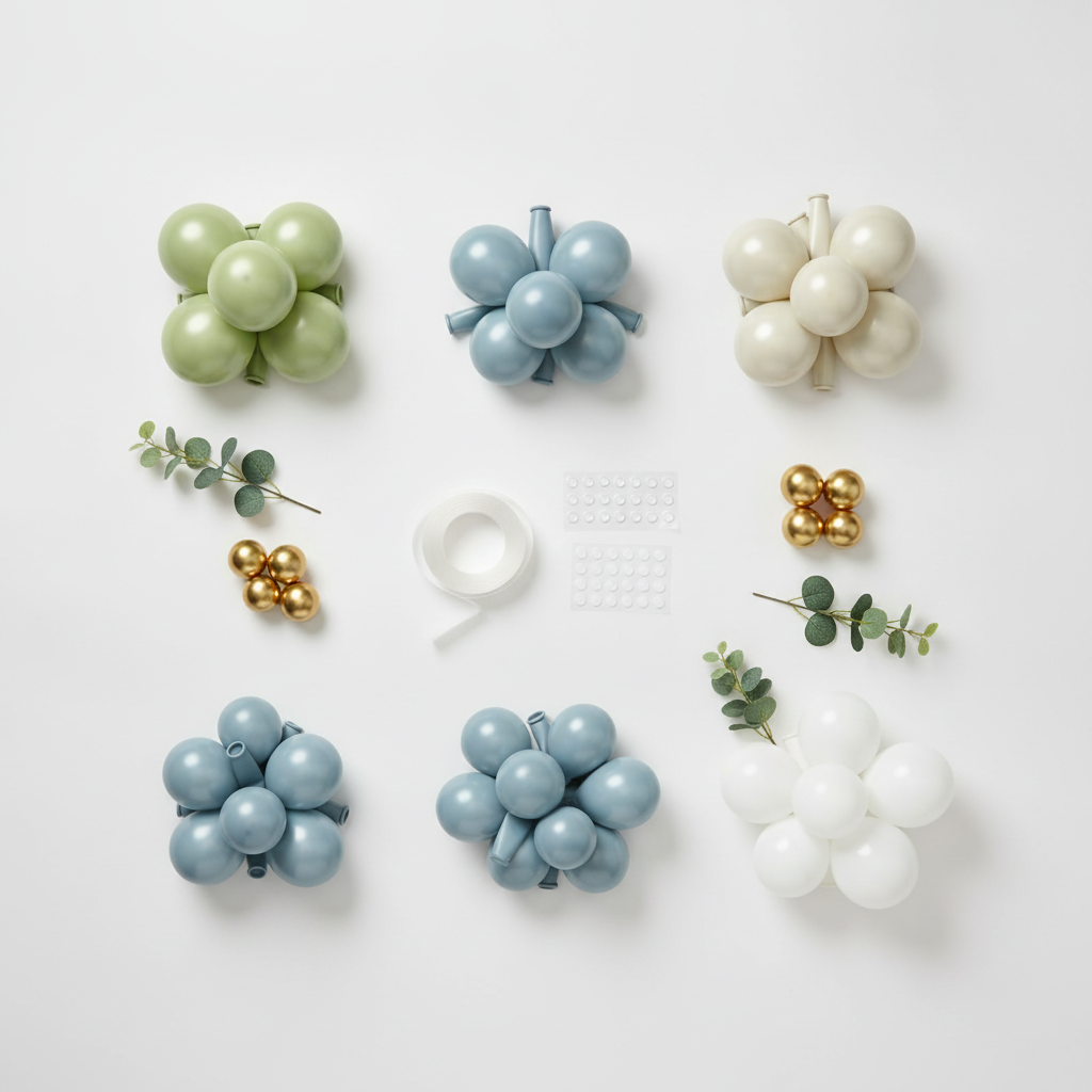 Flat-lay of the boho balloon garland kit contents sorted by color with balloon tape and glue dots