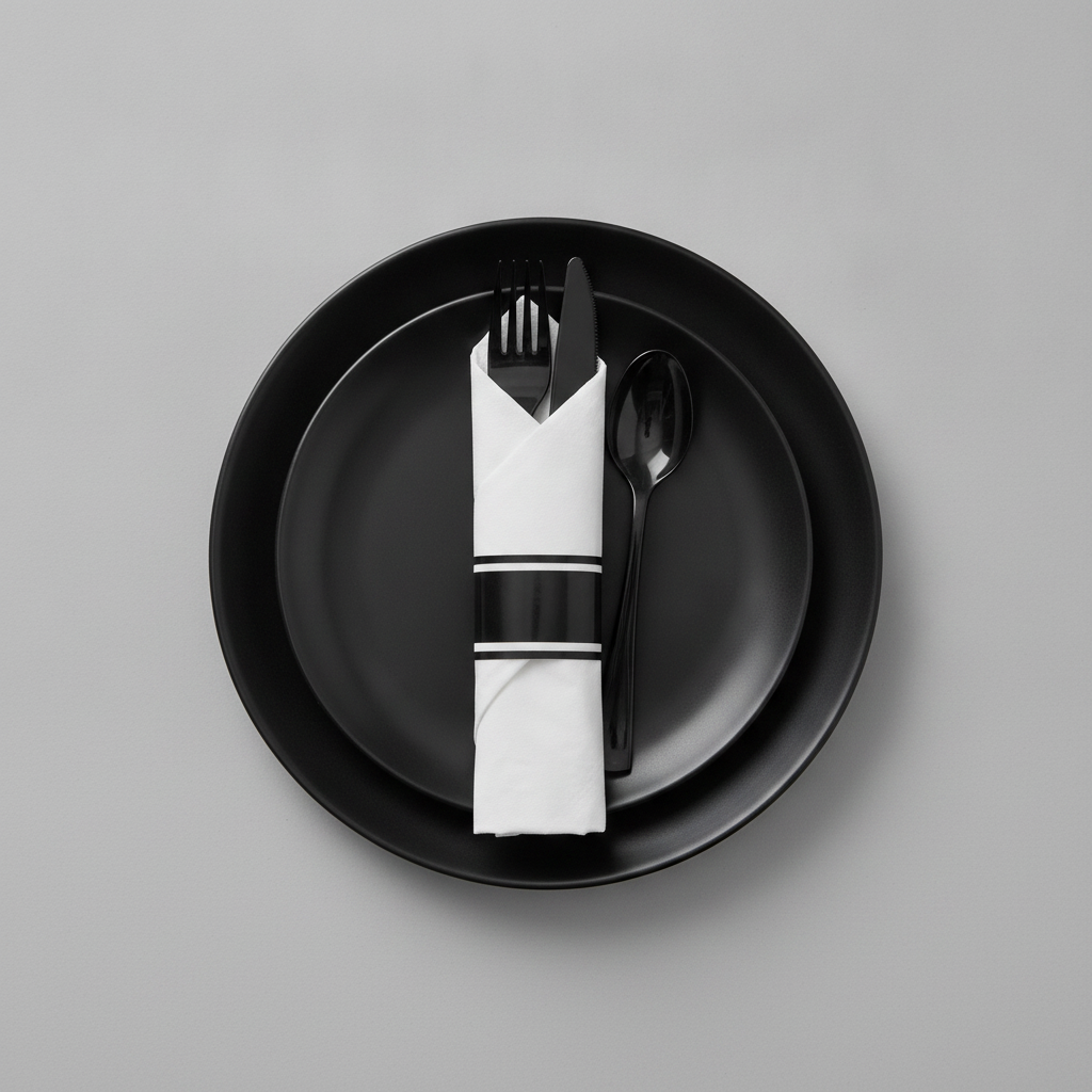 Black plastic cutlery set pre-rolled in a white napkin with black band on a matte black plate