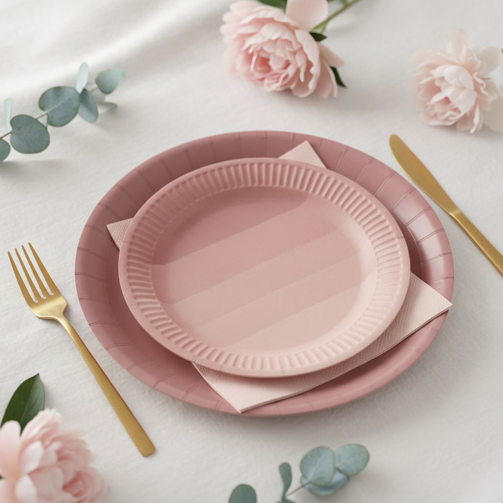 Dusty-pink gradient paper place setting with gold cutlery and peonies