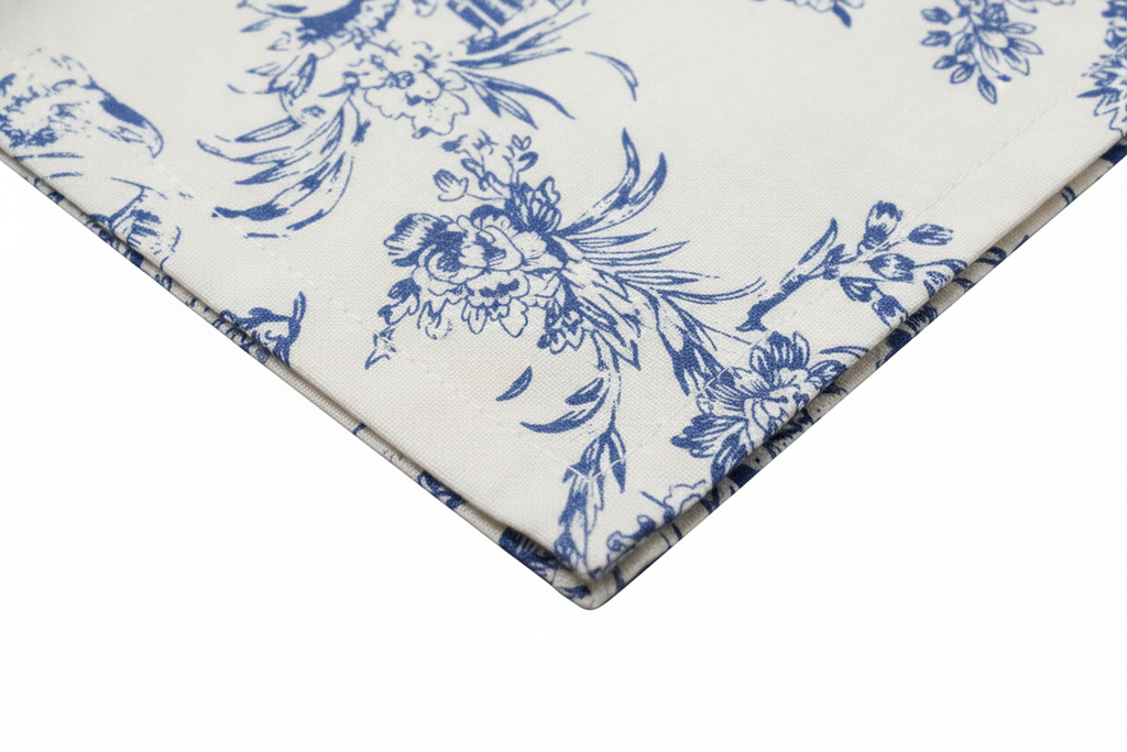 Close-up of blue toile floral print on woven cotton napkin with mitered corner