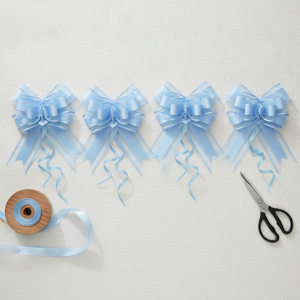 Overhead flat-lay of light blue layered pull bows with ribbon spool and scissors on white linen
