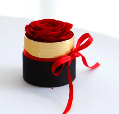 Single red preserved rose in a small round gold and black box with a red ribbon