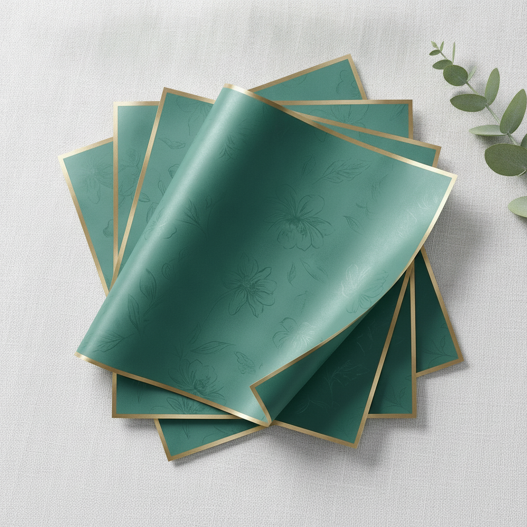 Angled fanned stack of teal green gold-edge floral wrapping sheets