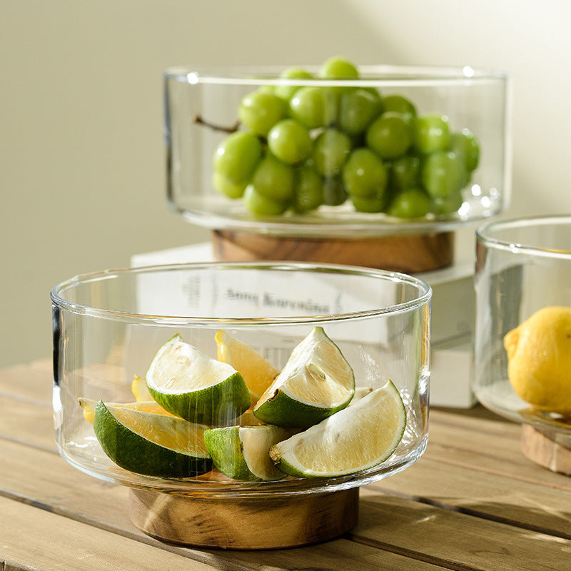 Glass Serving Bowl with Acacia Wood Base