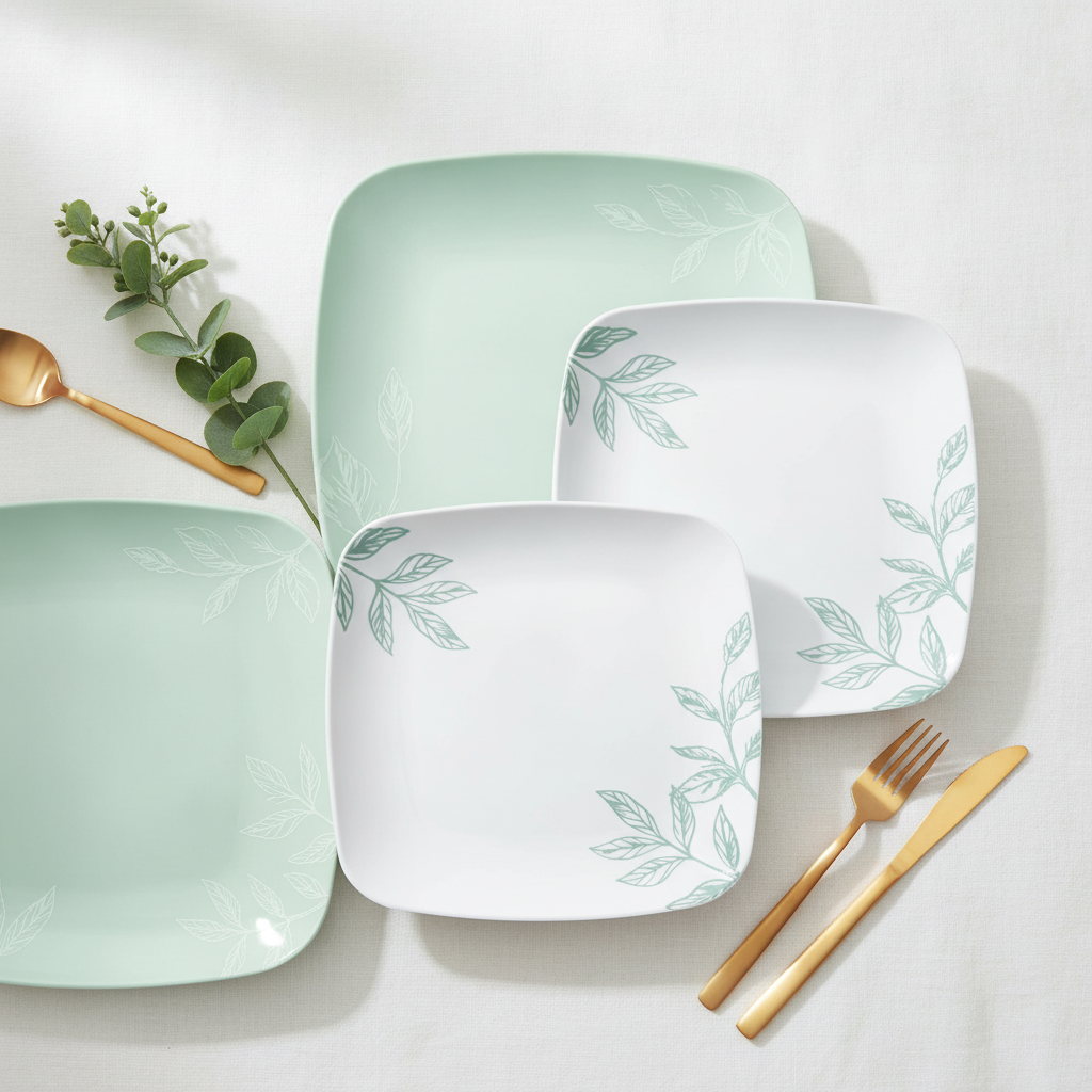 Overhead flat-lay of mint-green and white leaf-print square plates with cutlery
