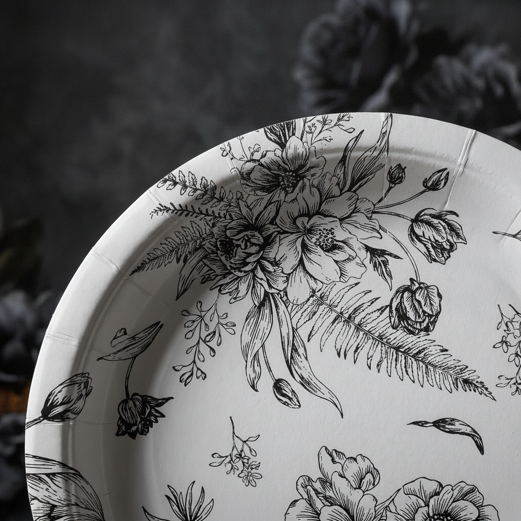 Macro close-up of black floral vintage disposable paper plate and thin paper edge