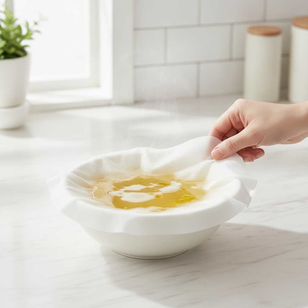 Hand laying a white non-woven oil-control filter sheet over a bowl of broth