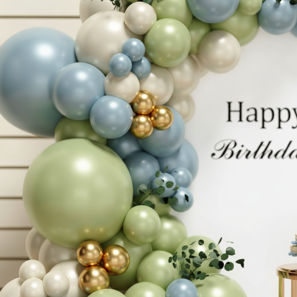 Close-up cluster of sage green, dusty blue, cream and metallic gold latex balloons with eucalyptus