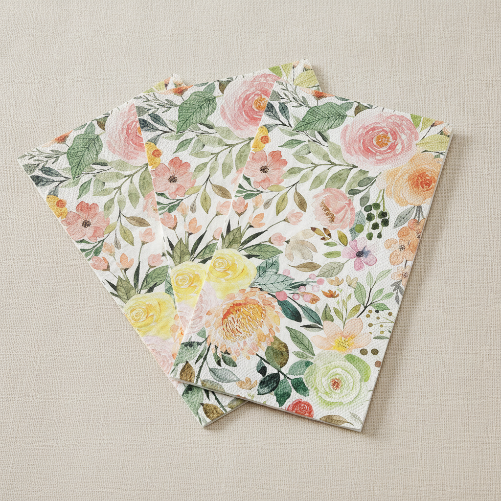 Close-up of watercolor rose floral paper guest napkins fanned out