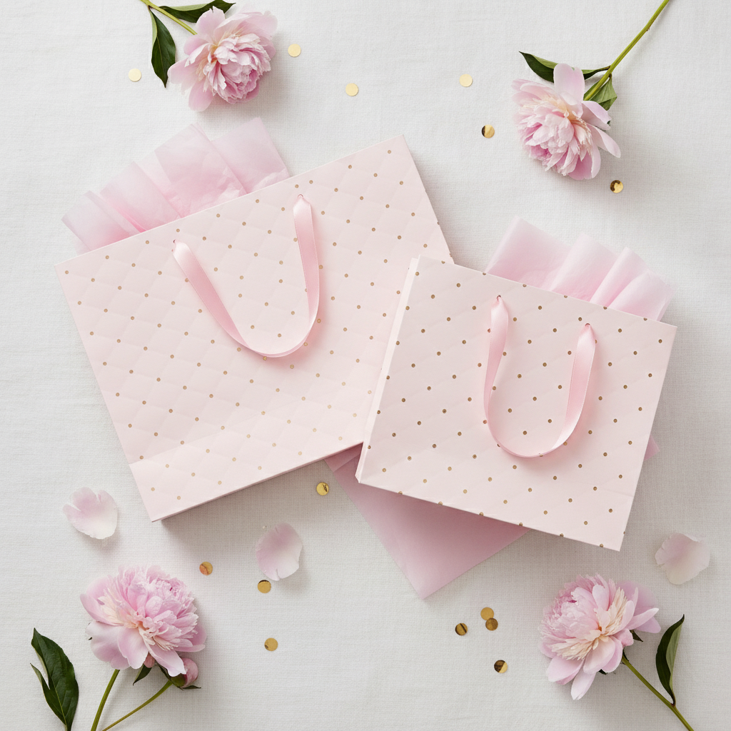 Overhead flat-lay of pink gold-dot gift bags with peonies and tissue