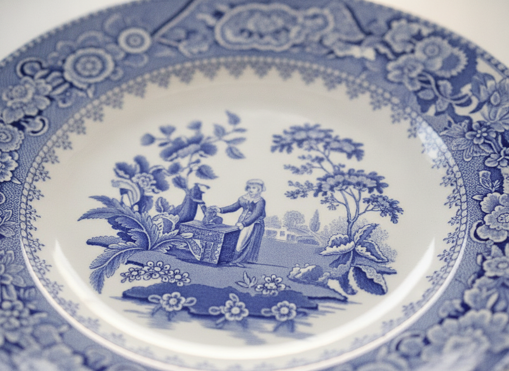 Close-up of the cobalt blue pastoral scene and border on the transferware plate