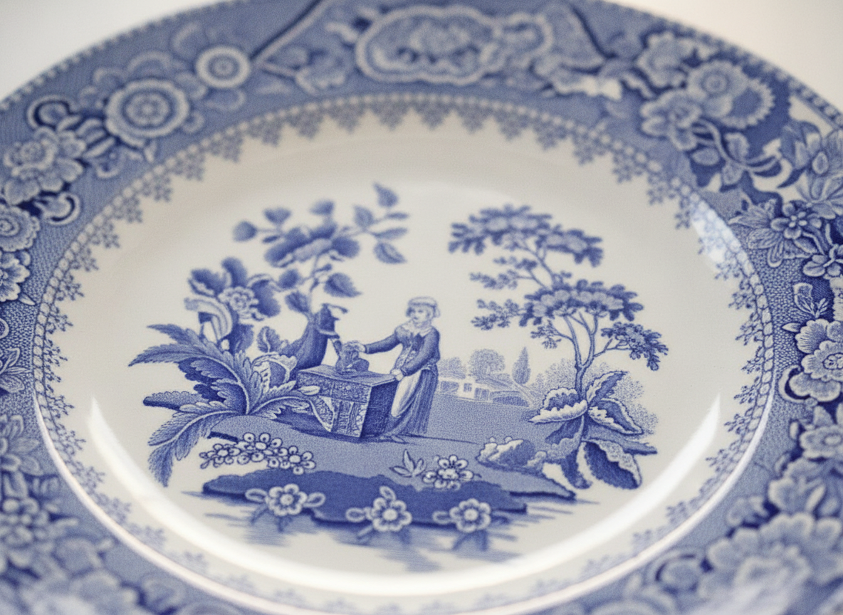 Close-up of the cobalt blue pastoral scene and border on the transferware plate