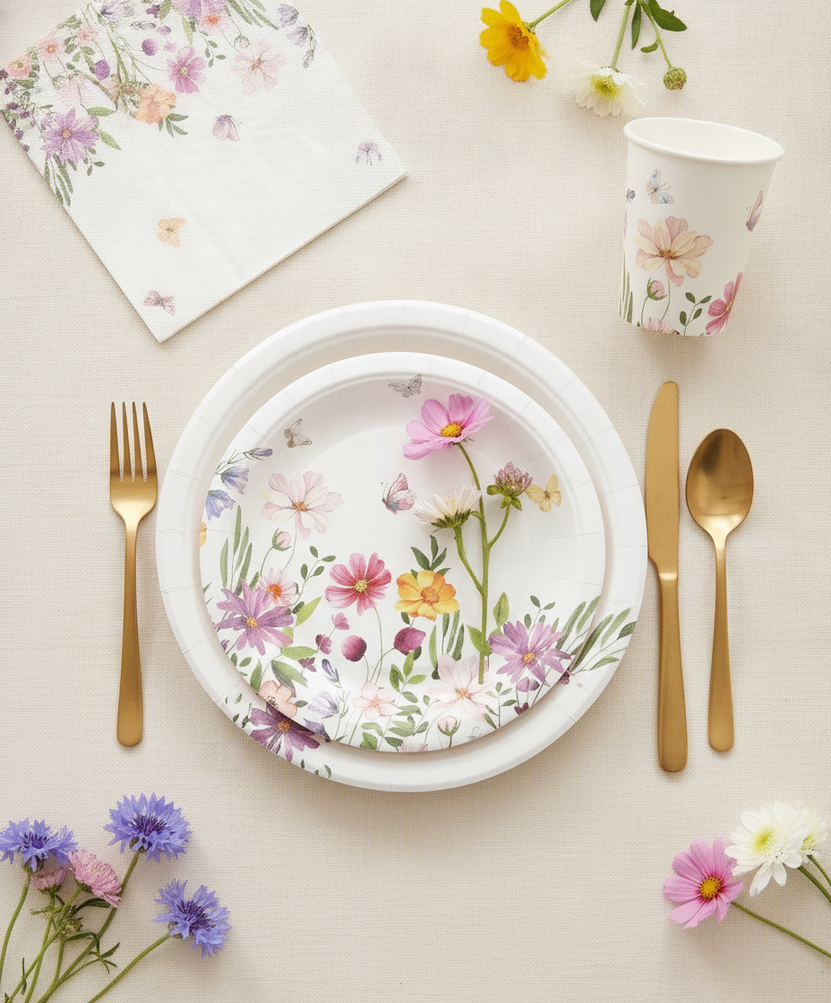 Spring floral paper place setting with cup, napkin and gold cutlery on linen