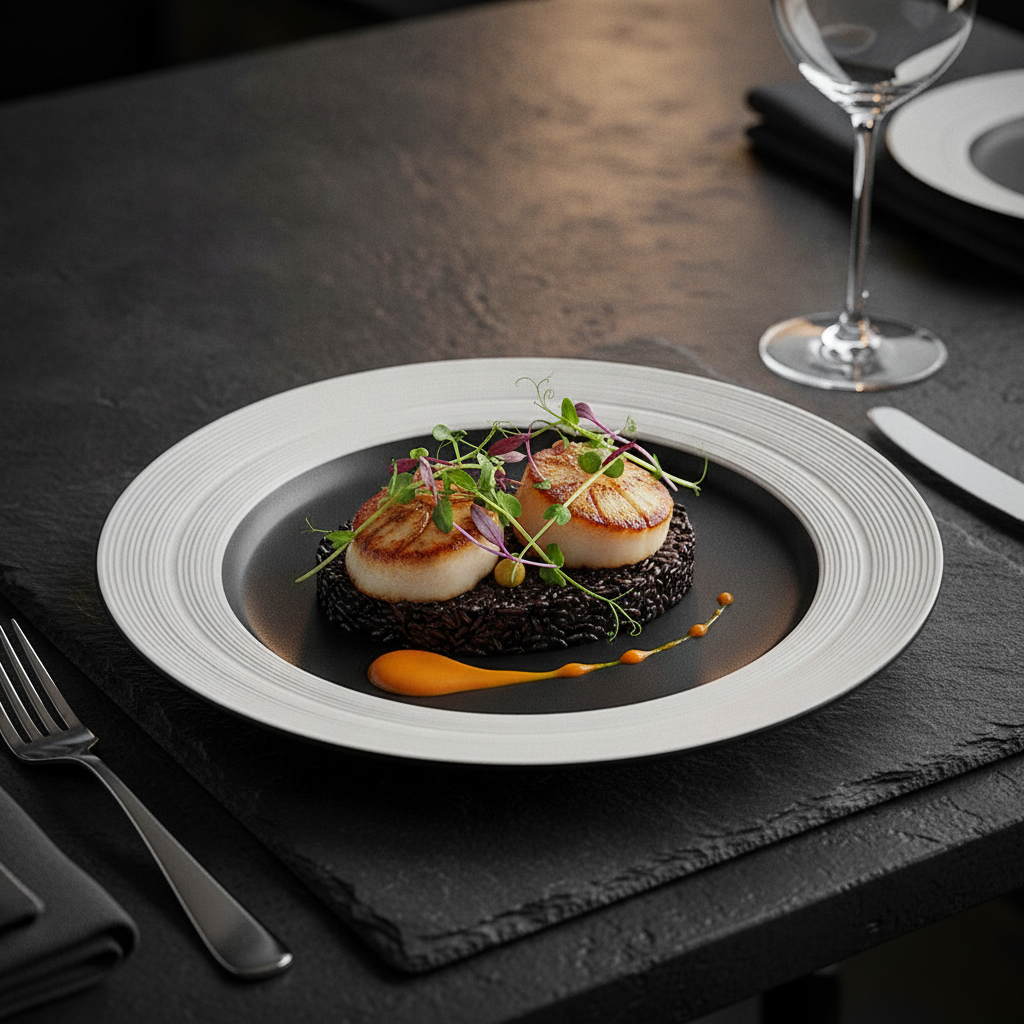 White-rim black-center porcelain plate with gourmet main course on slate