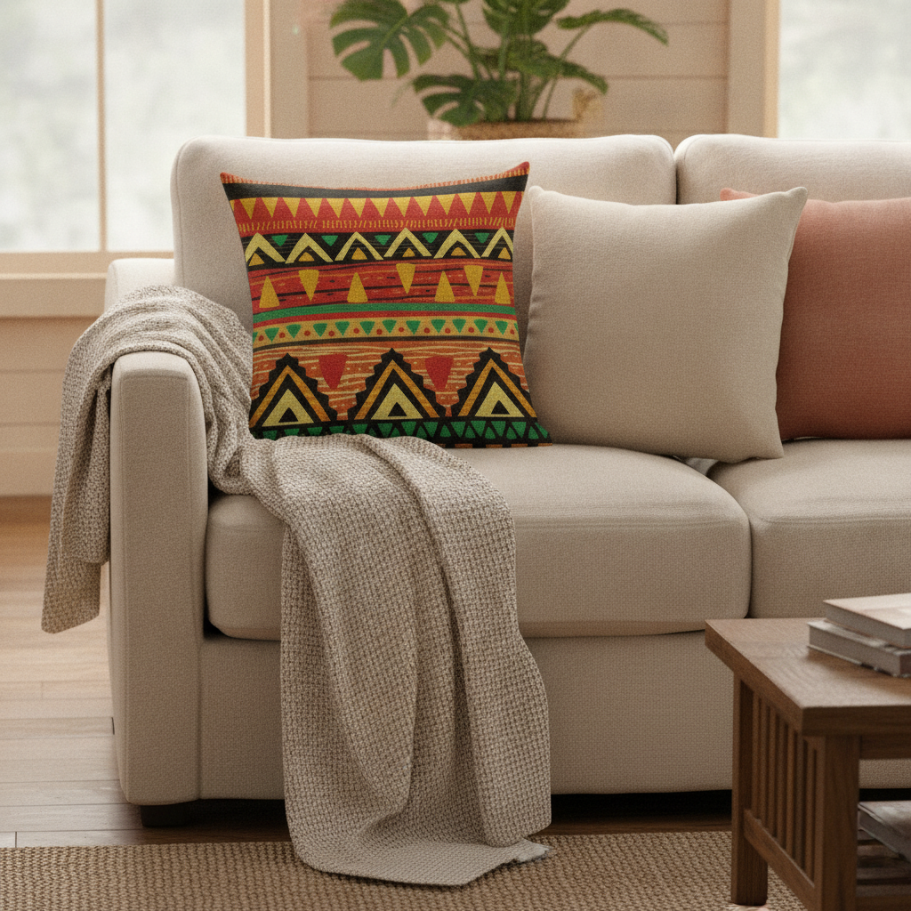 Boho cushion layered with plain cushions on a cozy sofa — Maison's Kitchen