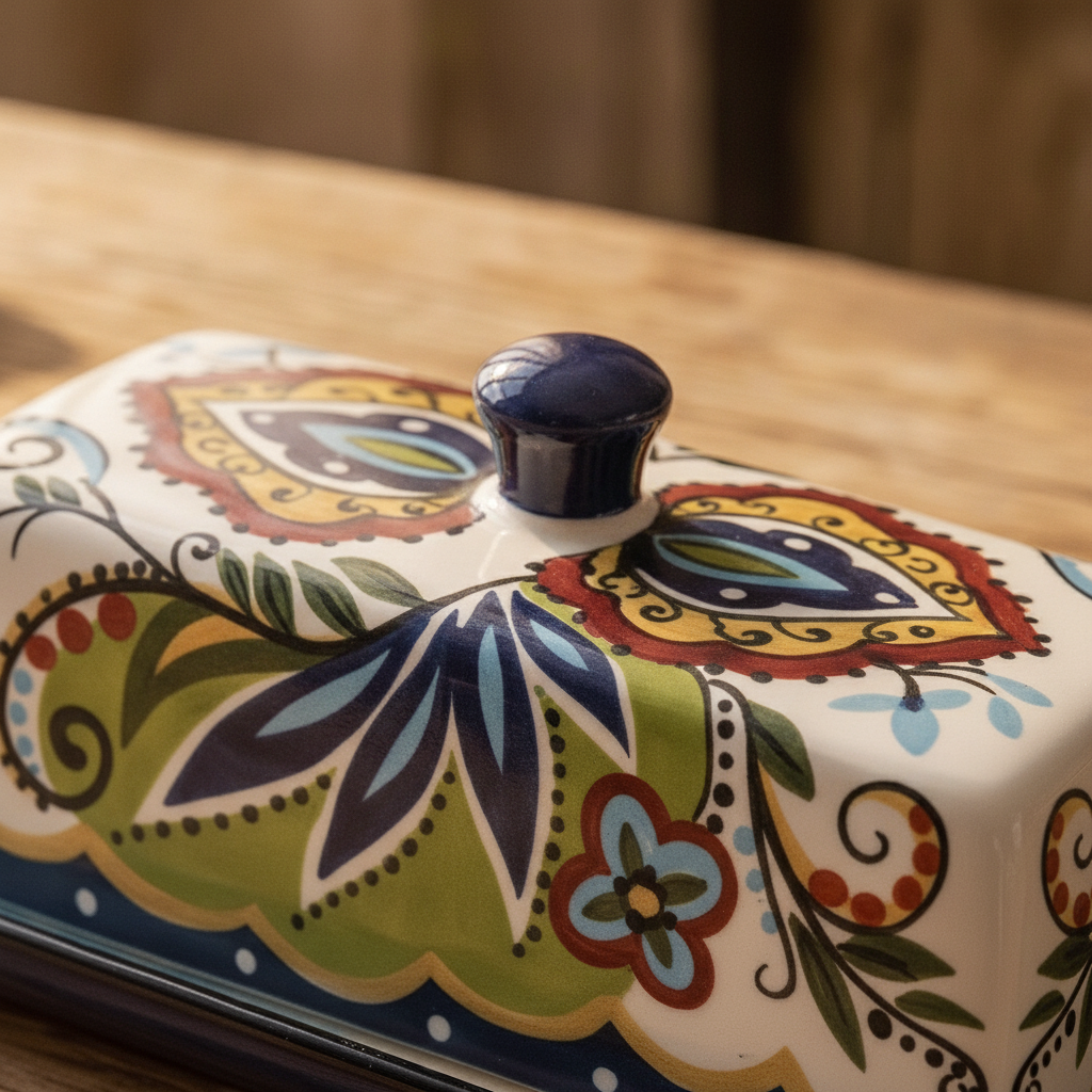 Close-up of hand-painted bohemian floral glaze and navy knob on ceramic butter box