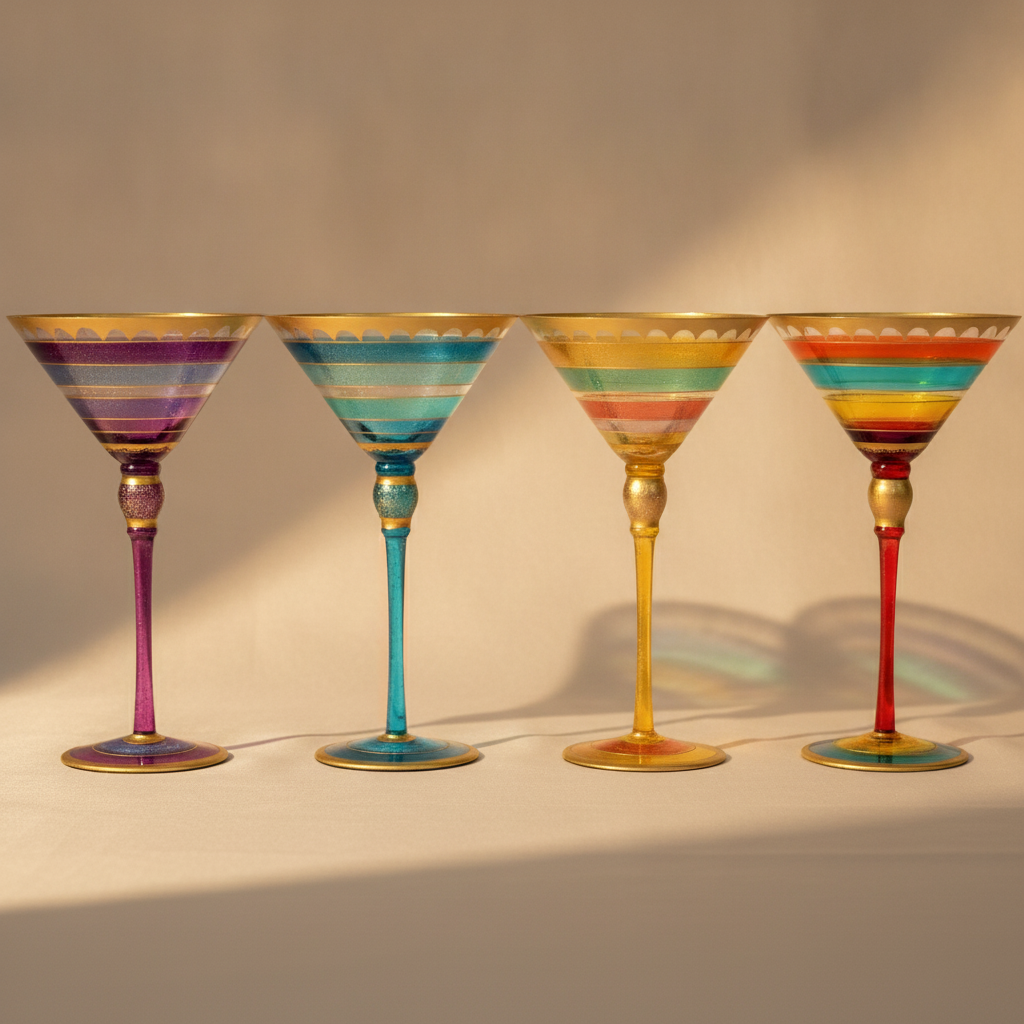 Carosello hand-painted retro martini goblets in purple, teal, golden and colorful
