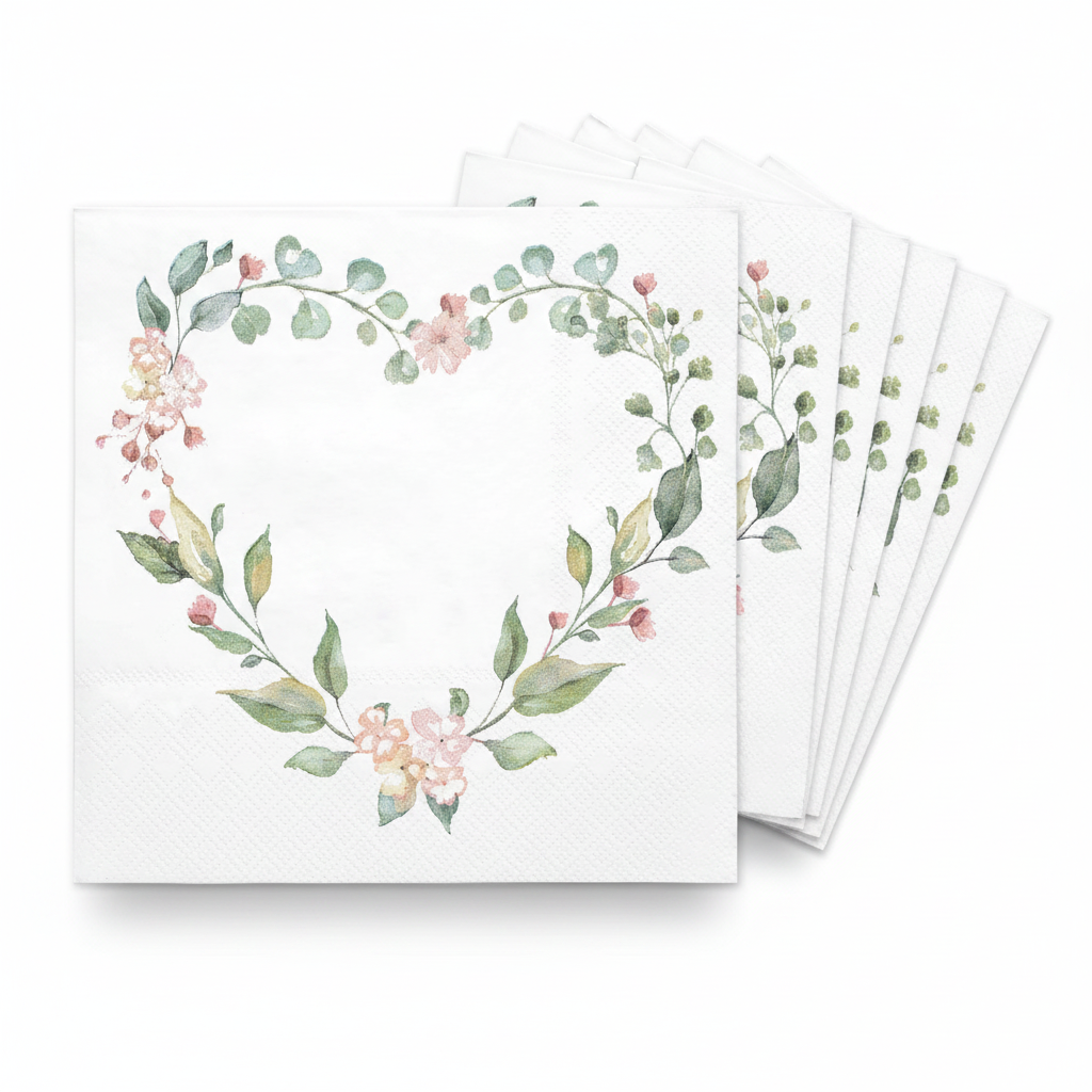 Fanned stack of white wedding paper napkins with a watercolor floral heart wreath