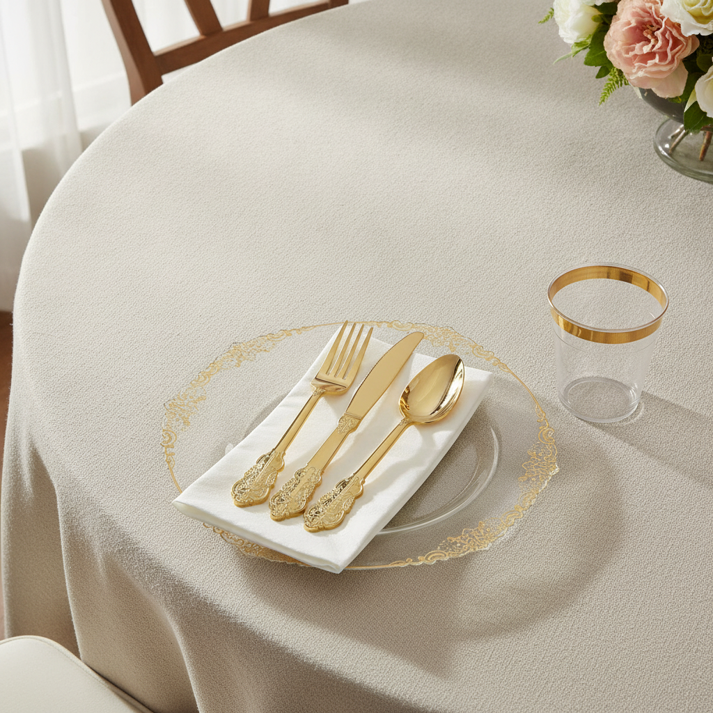 Clear gold-filigree plastic plate place setting with gold cutlery and white napkin