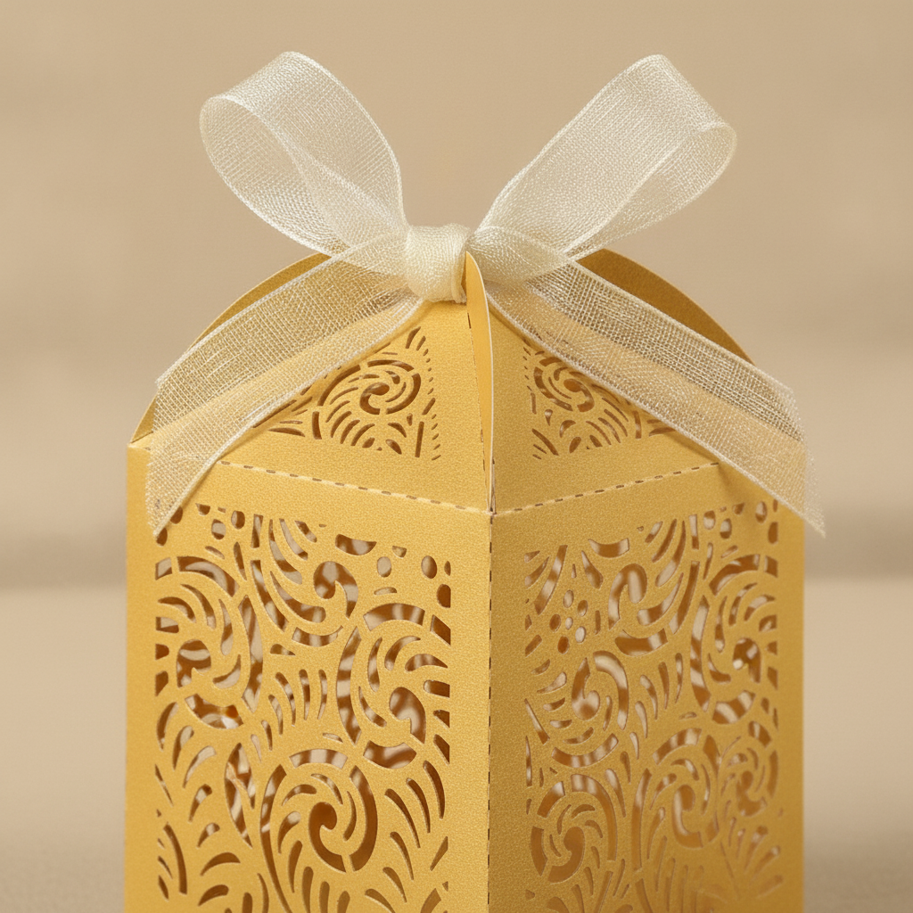 Macro detail of laser-cut filigree pattern and organza ribbon on a gold favor box