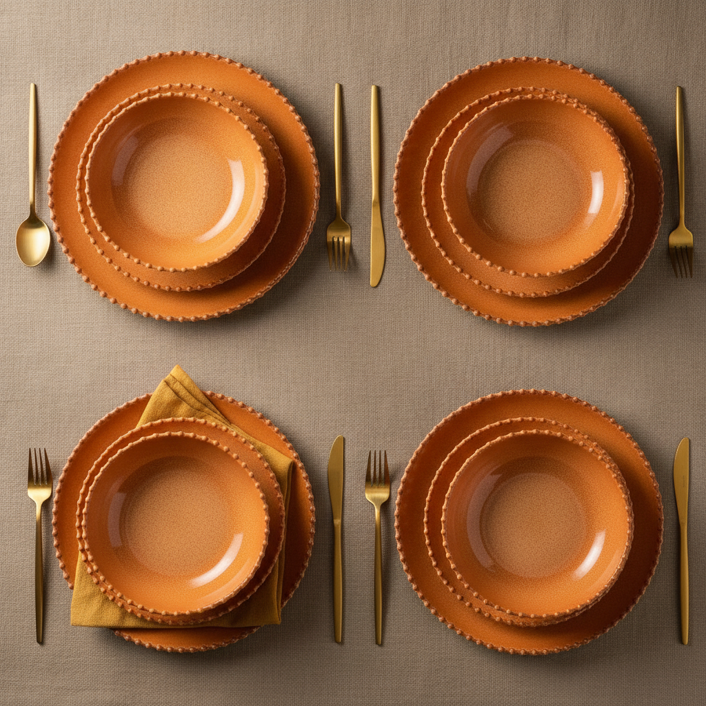 Overhead flat-lay of the terracotta pearl-edge melamine set laid for four with gold cutlery