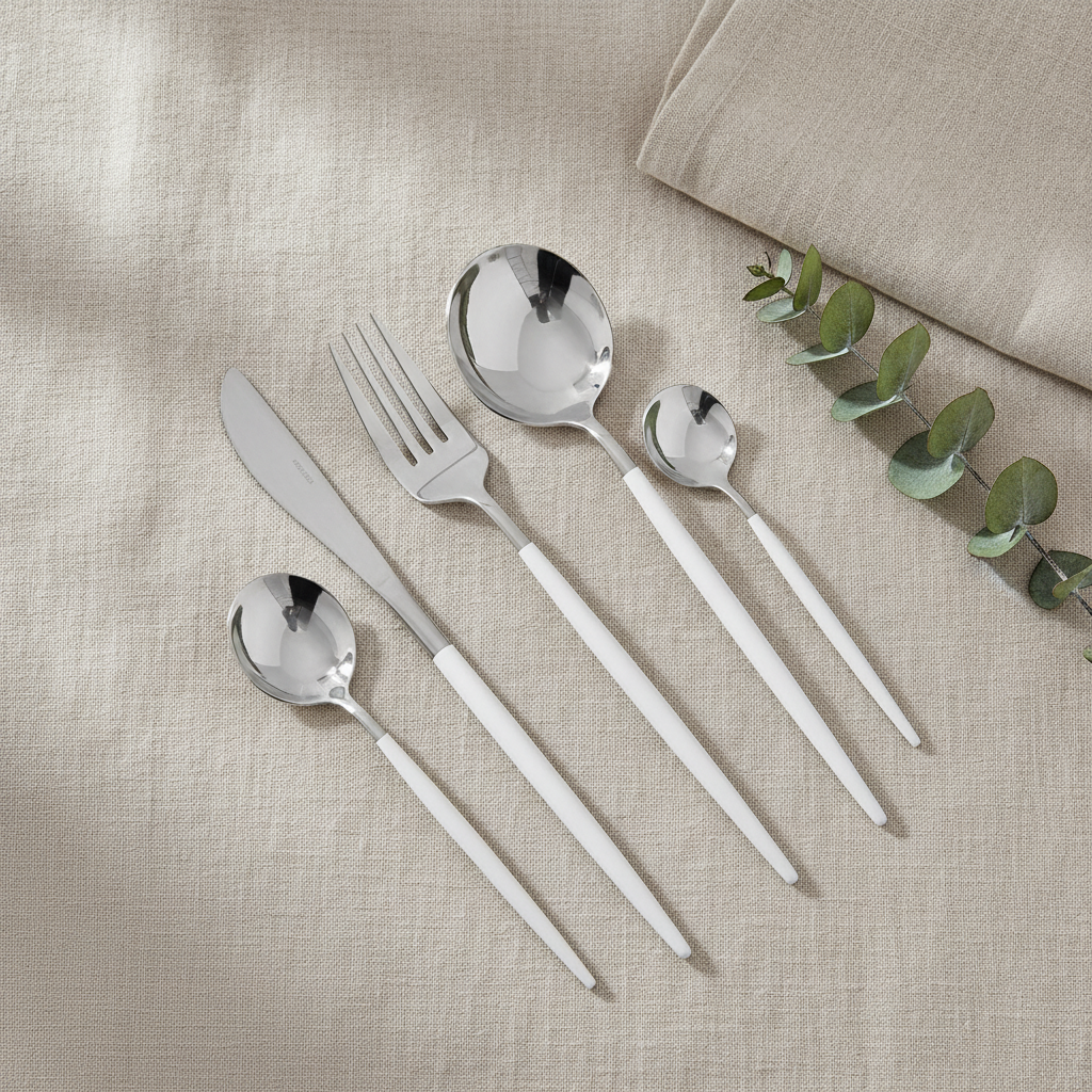 Flat-lay of silver and white cutlery on natural linen with eucalyptus