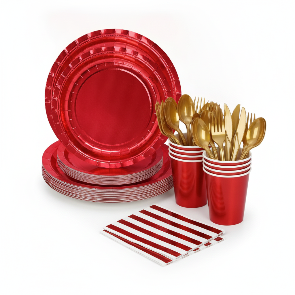 Shiny red paper party set with plates, cups, gold cutlery and striped napkins