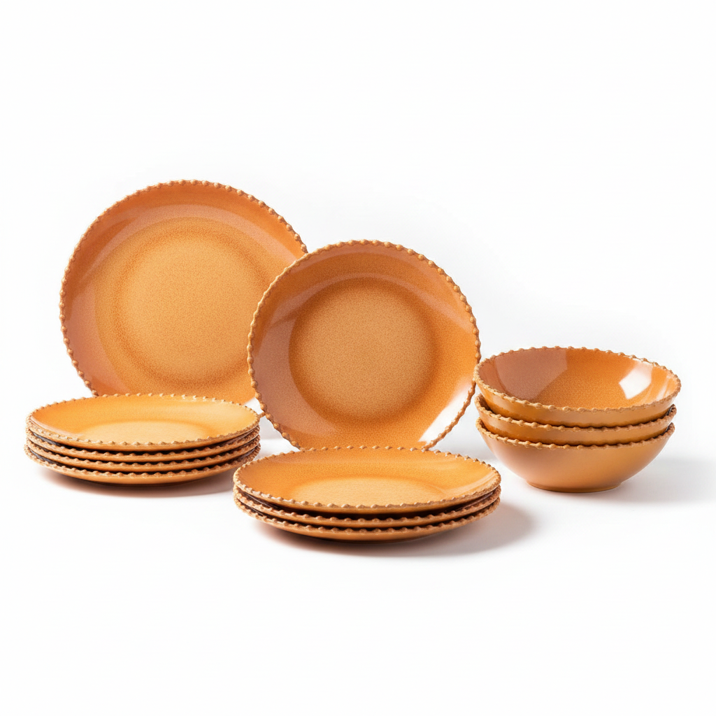Terracotta pearl-edge melamine dinnerware set, 12 pieces with beaded scalloped rims, on white