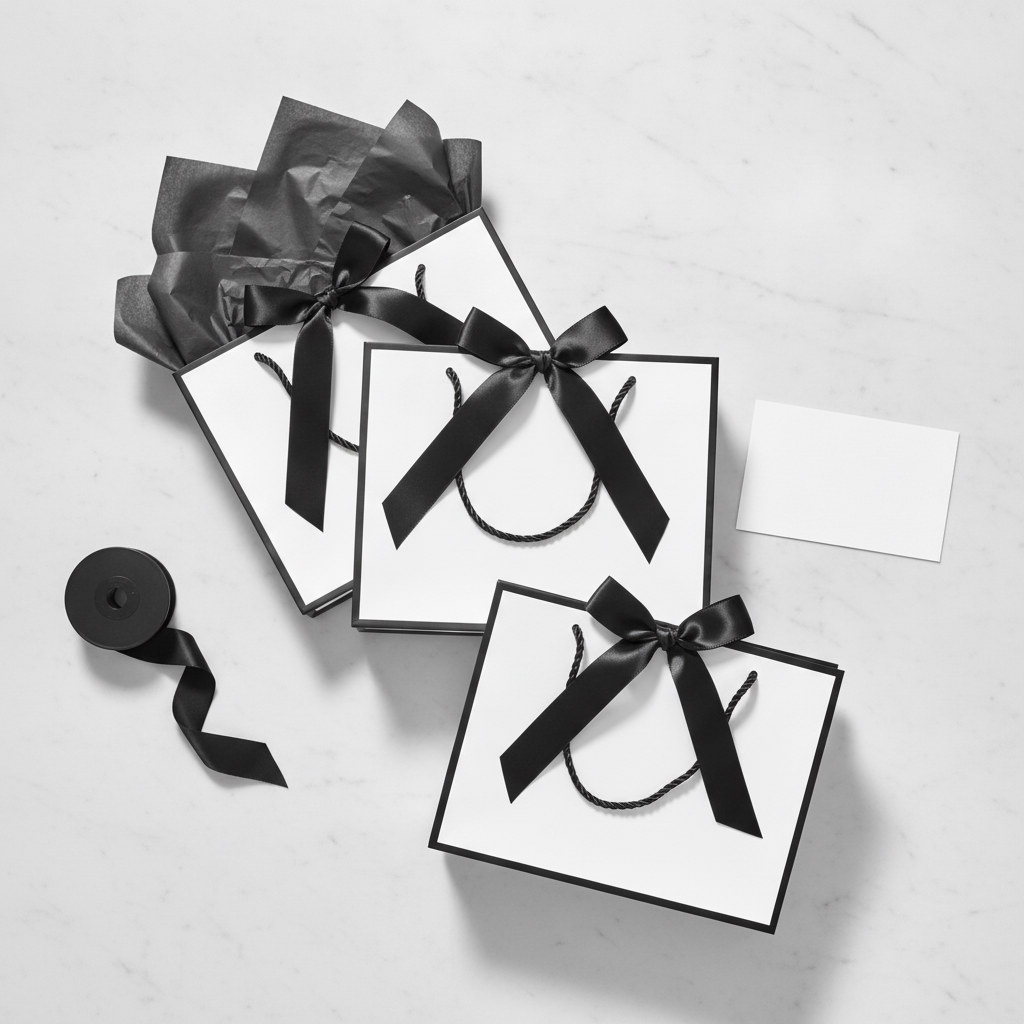 Overhead flat-lay of white and black gift bags with tissue and a card