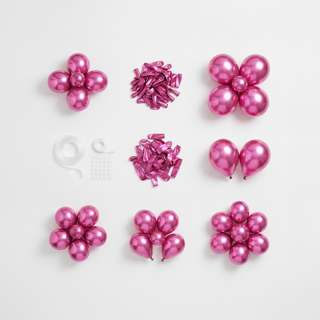Flat-lay of the chrome fuchsia balloon garland kit contents with balloon tape and glue dots