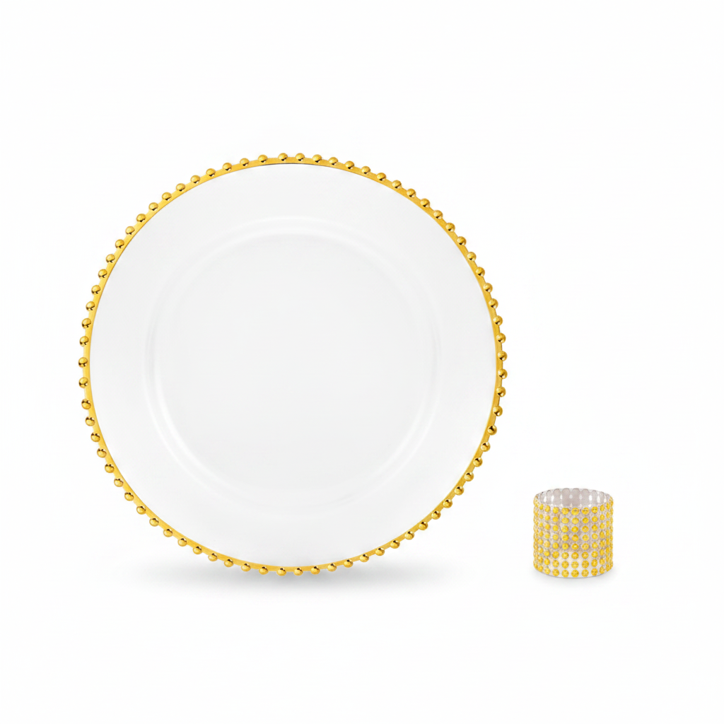 Clear acrylic charger plate with gold beaded rim and a gold beaded napkin ring on a white background