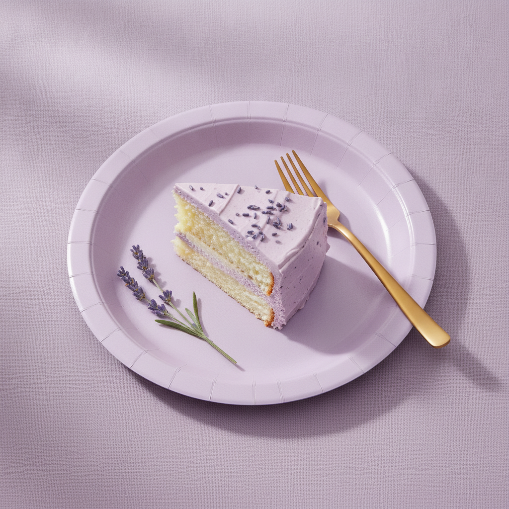 Angled close-up of a lavender disposable paper plate with a cake slice and gold fork