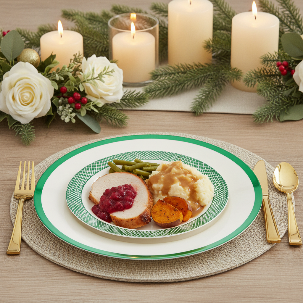 Ivory green-trim disposable plate with a festive holiday meal in candlelight