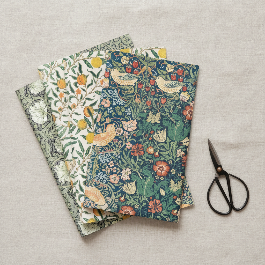 Angled fanned stack of retro botanical wrapping sheets with scissors