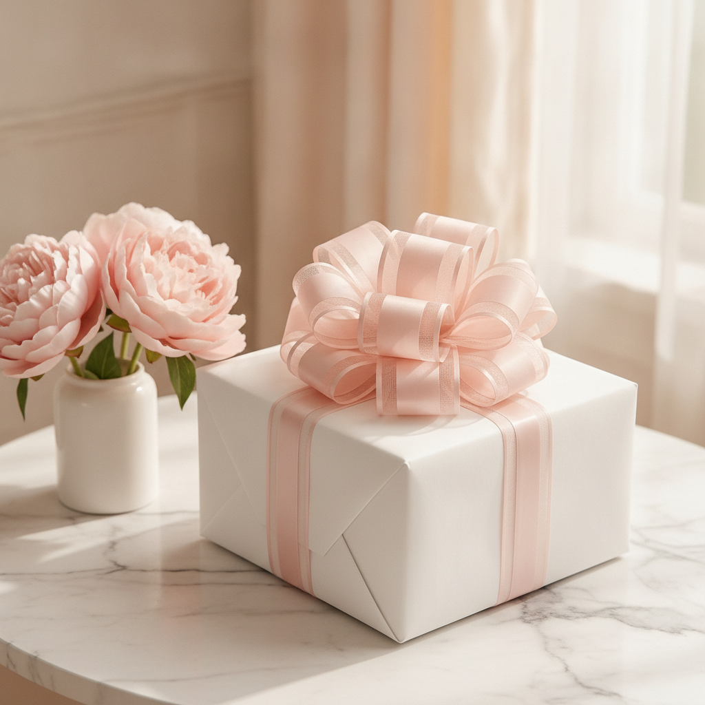 White gift box with a blush pink organza pull bow beside pink peonies