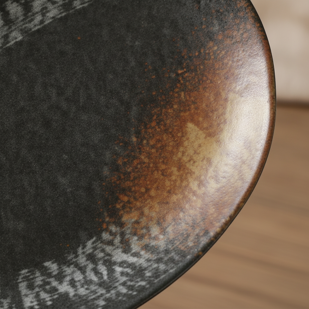 Close-up of matte speckled charcoal and amber reactive glaze on porcelain platter