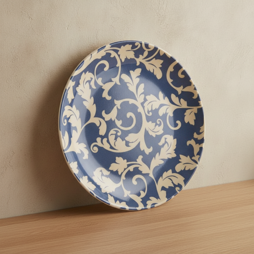 Blue baroque damask ceramic decorative wall plate
